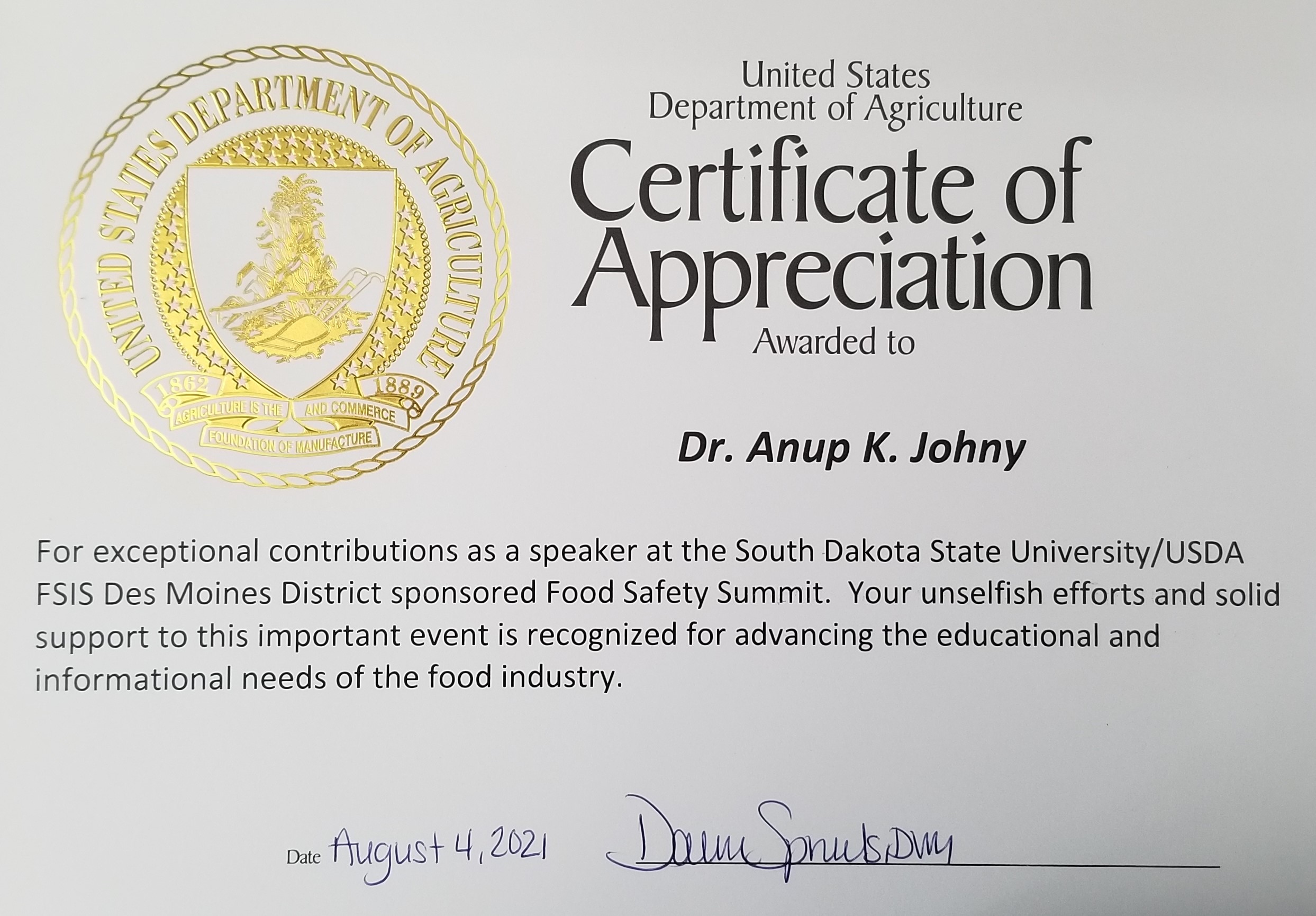 USDA certificate